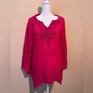 Fuchsia Embroidered Boho Tunic Top | Bell Sleeve Blouse | Size XL